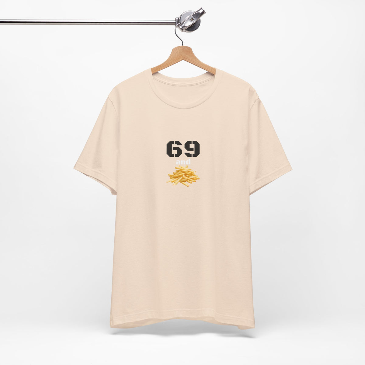 Unisex graphic T-shirt featuring a humorous 69 and French fries design in bold colors on soft fabric.