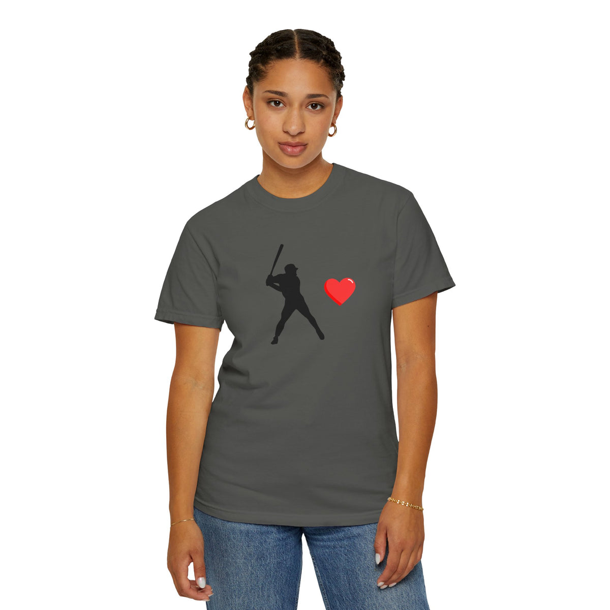 White baseball batter heart T-shirt by Printify featuring a graphic of a batter with a heart-shaped bat, casual and sporty style.