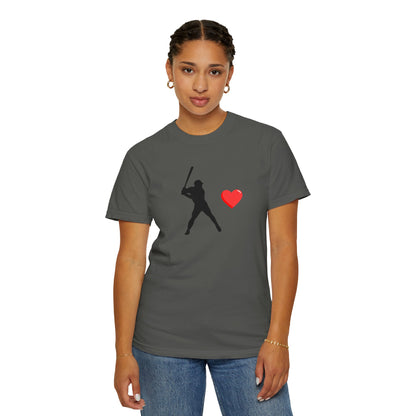 White baseball batter heart T-shirt by Printify featuring a graphic of a batter with a heart-shaped bat, casual and sporty style.