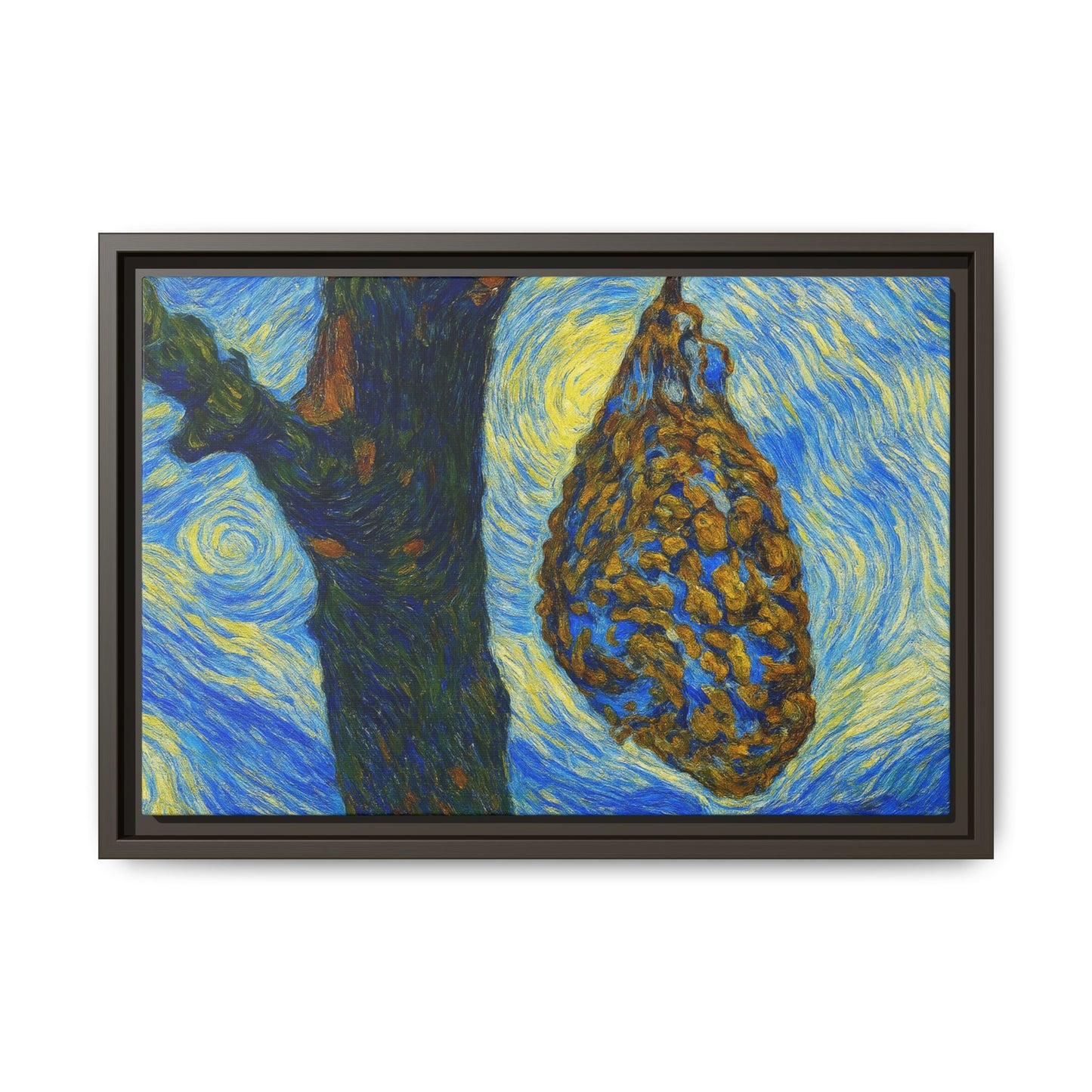 Framed matte canvas art featuring a starry nut cluster with dried plum in a tree, by Printify.