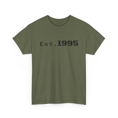 Vintage minimalist Est. 1995 T-shirt by Printify featuring a birthday design, casual unisex style, worn by a model.