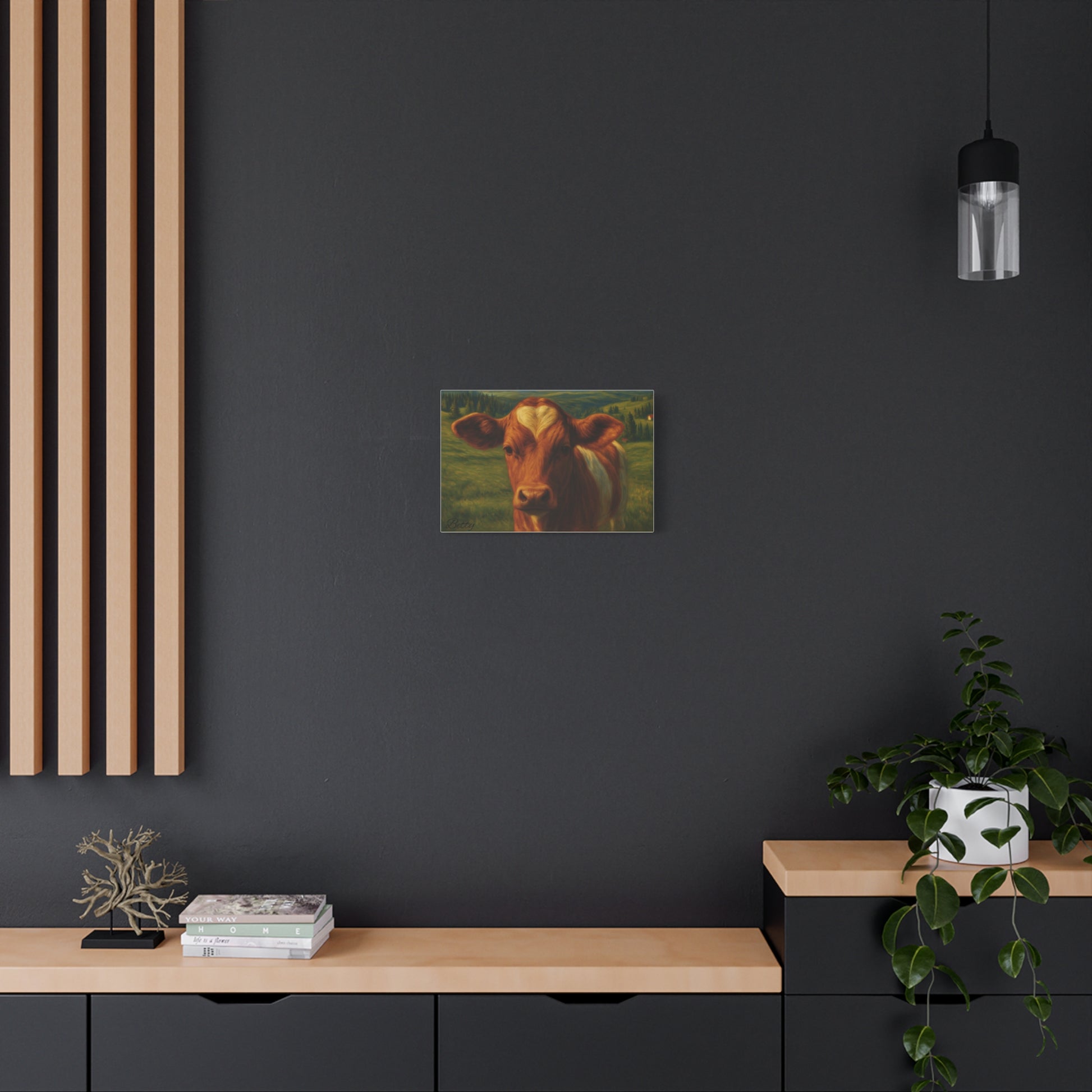 Canvas print of a cow portrait featuring a heart-shaped marking on its forehead, farm animal wall art by Printify