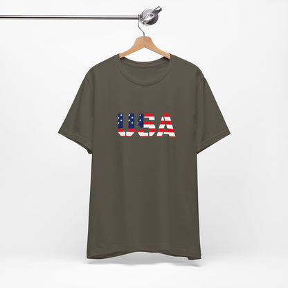 USA Flag Text T-Shirt by Printify featuring patriotic red, white, and blue design for Fourth of July celebrations.