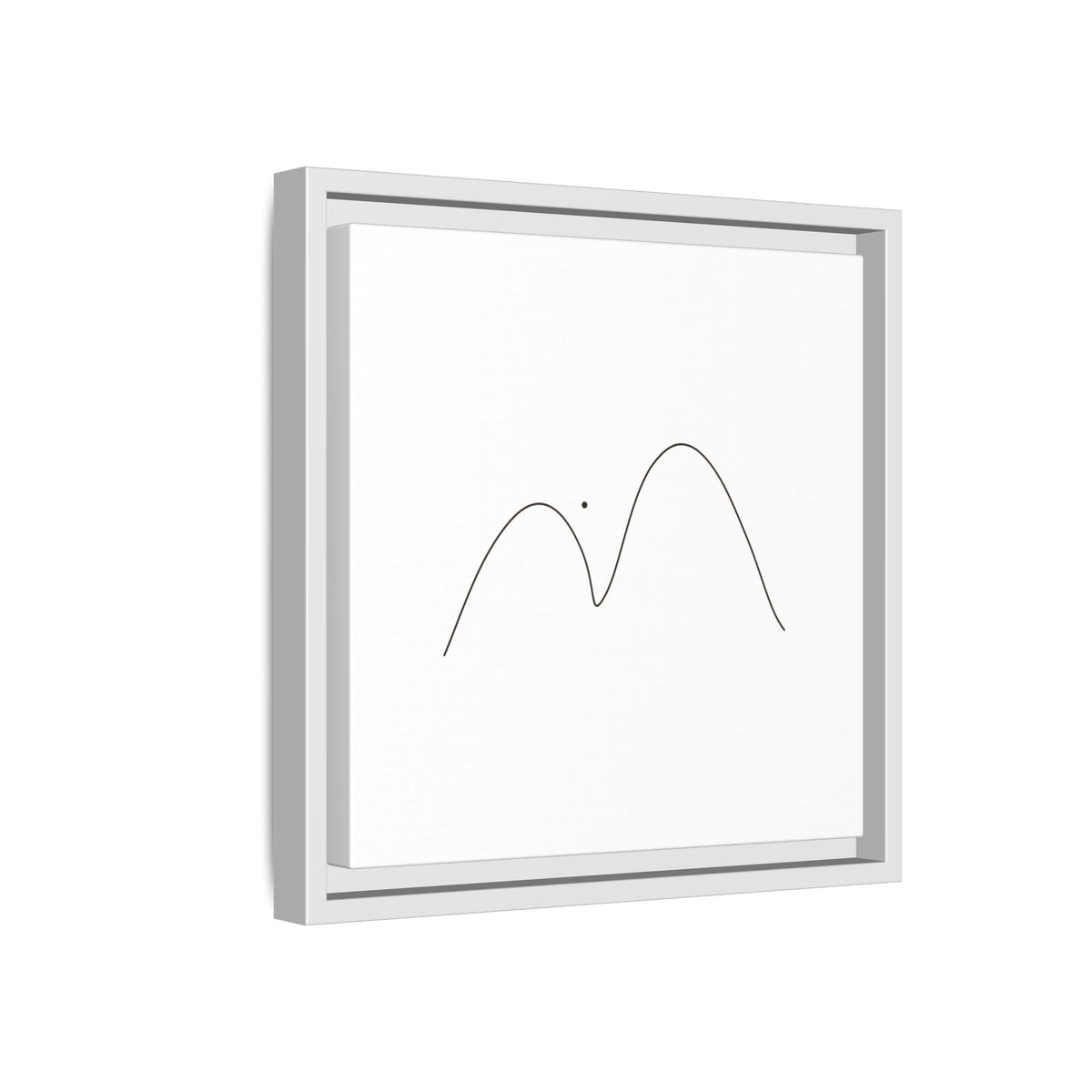 Framed minimalist mountain line art print on matte canvas by Printify, featuring simple mountain outlines in black on white background.