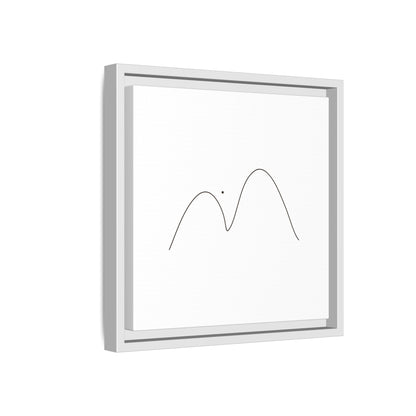 Framed minimalist mountain line art print on matte canvas by Printify, featuring simple mountain outlines in black on white background.