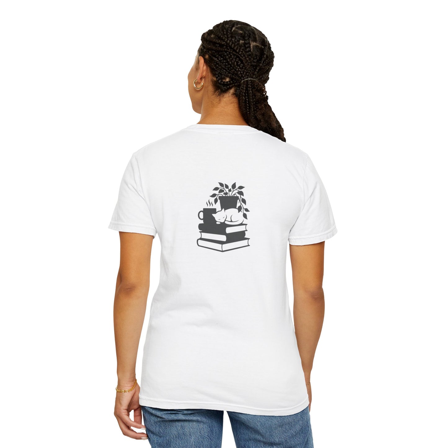 Cozy Cat on Books T-Shirt | Reading Tea Stack Illustration