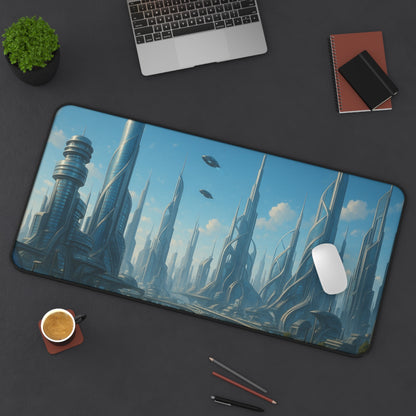 Futuristic cityscape desk mat featuring a sci-fi skyline design, ideal for office or gaming setups.