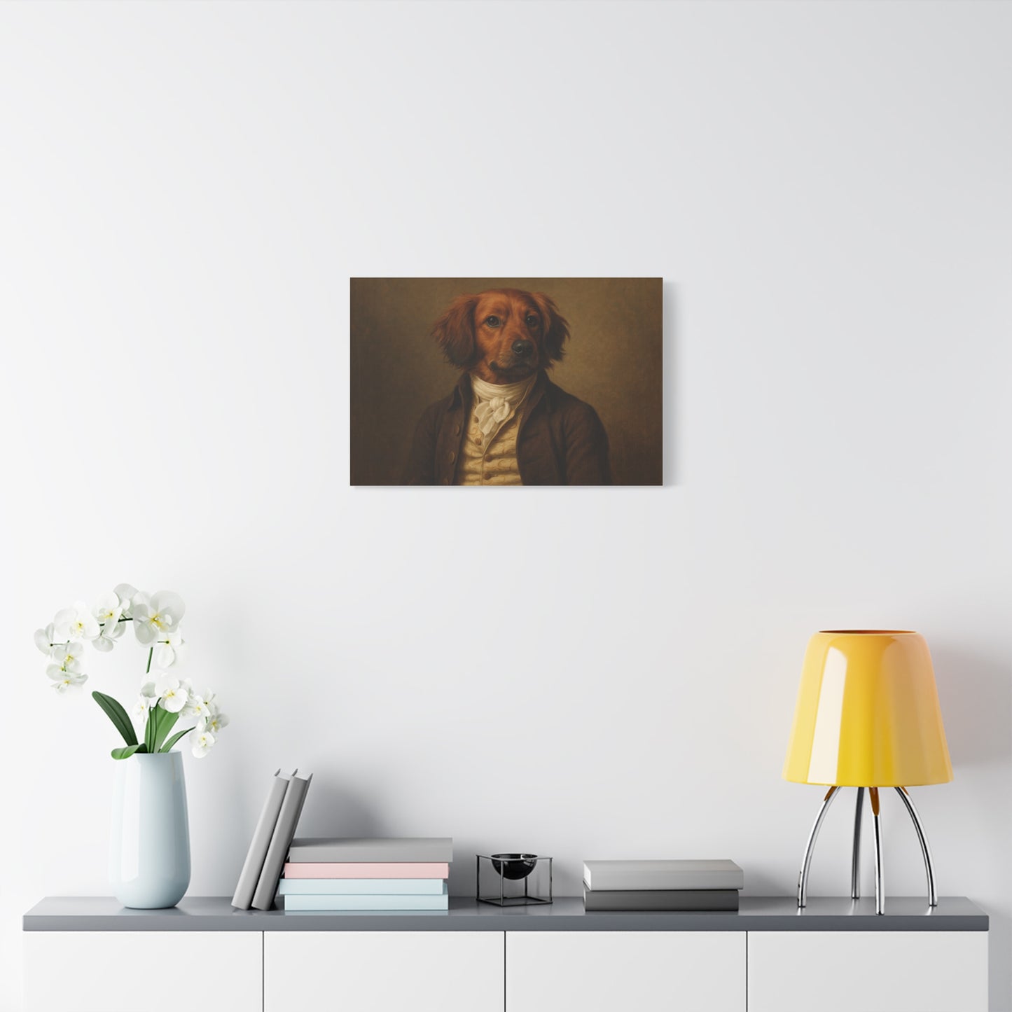 Close-up of a regal dog portrait printed on matte canvas by Printify, showcasing detailed artwork and rich colors.