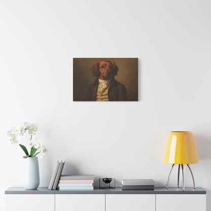 Close-up of a regal dog portrait printed on matte canvas by Printify, showcasing detailed artwork and rich colors.