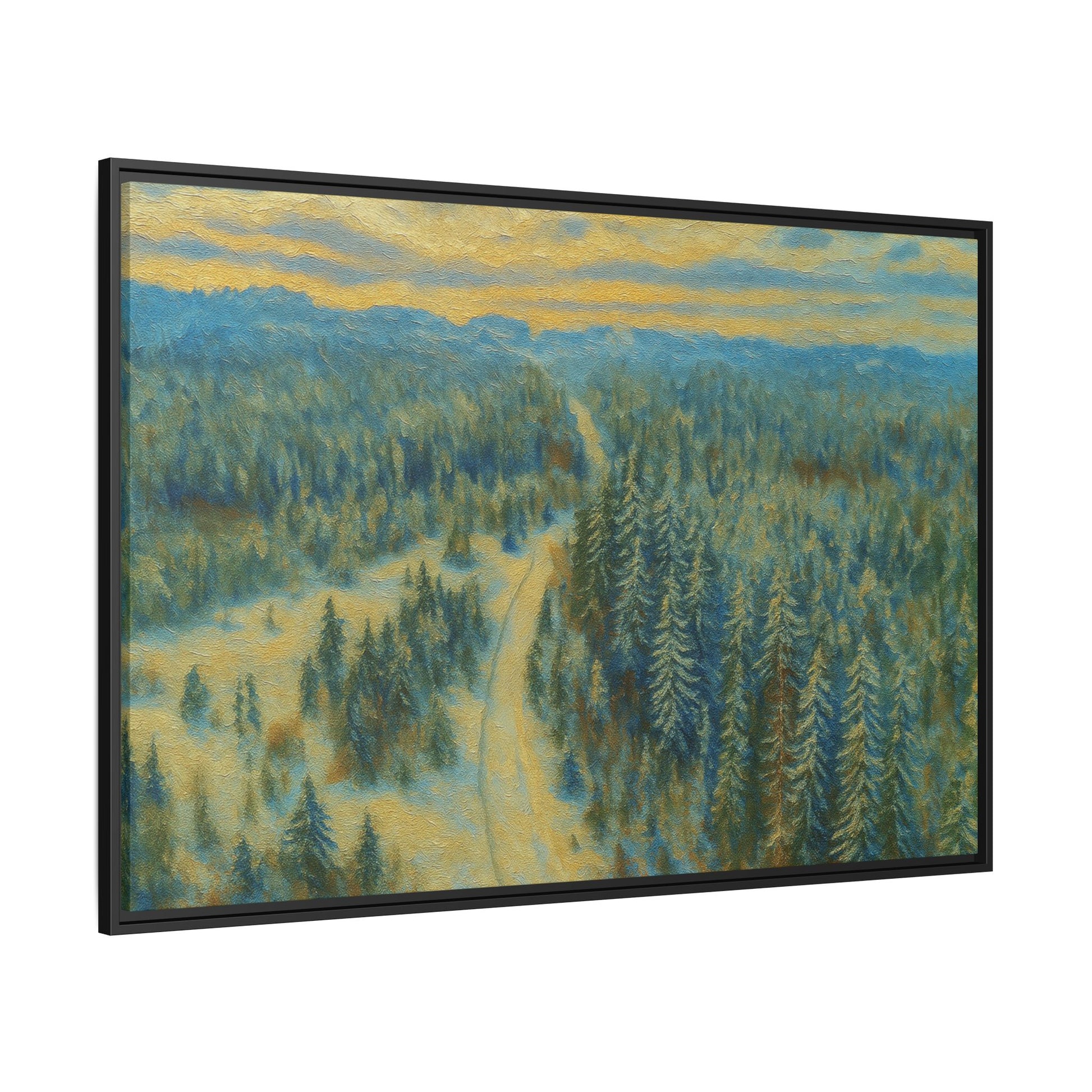 Framed matte canvas print of a serene winter forest landscape by Printify, showcasing snow-covered trees and peaceful scenery.
