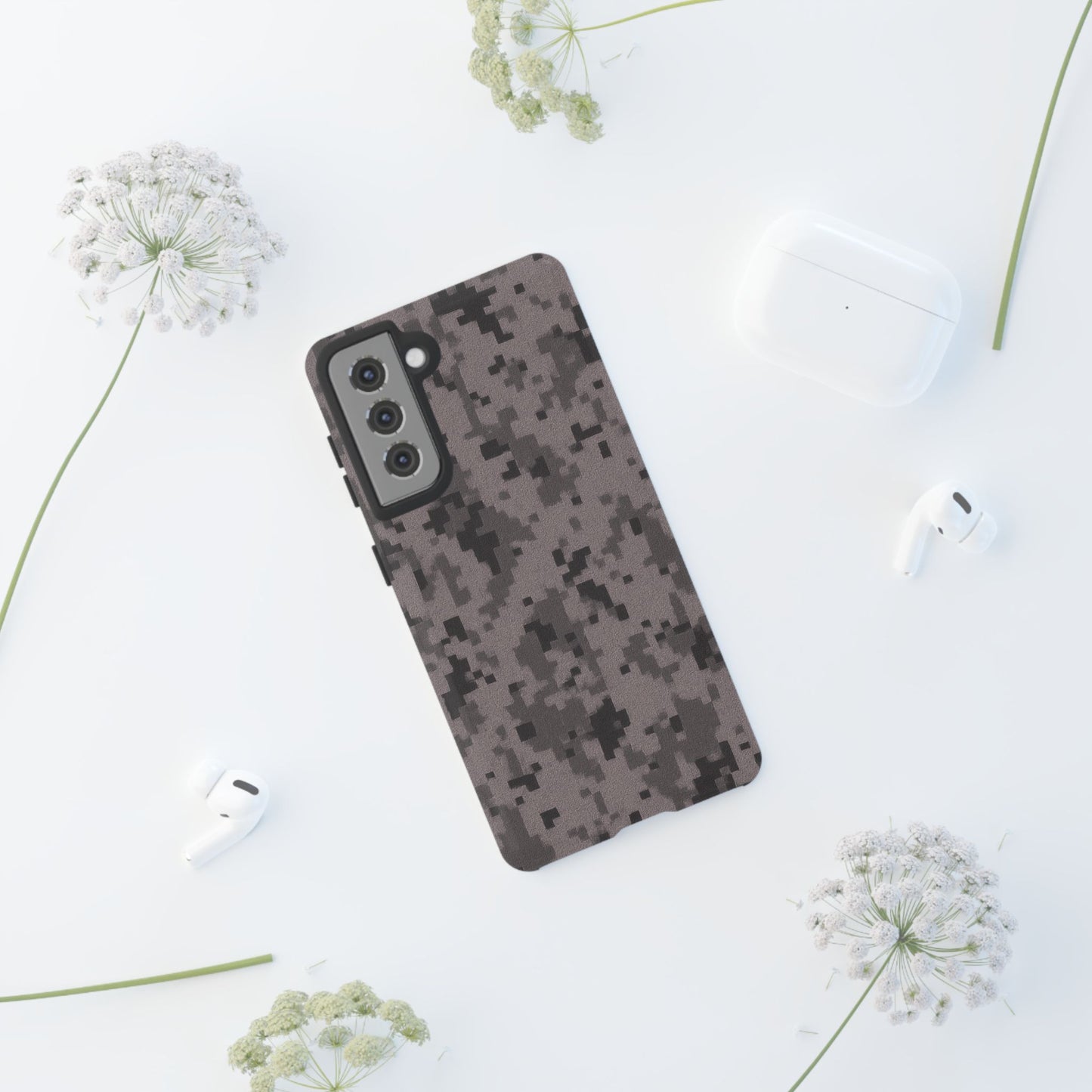 Gray digital camo phone case by Printify, tough protective cover for smartphones with camouflage pattern design.