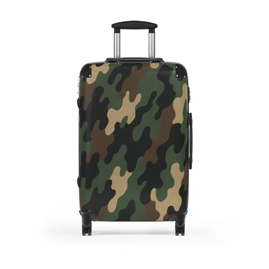 Military camouflage carry-on suitcase by Printify featuring durable travel luggage with a camouflage pattern and compact design.