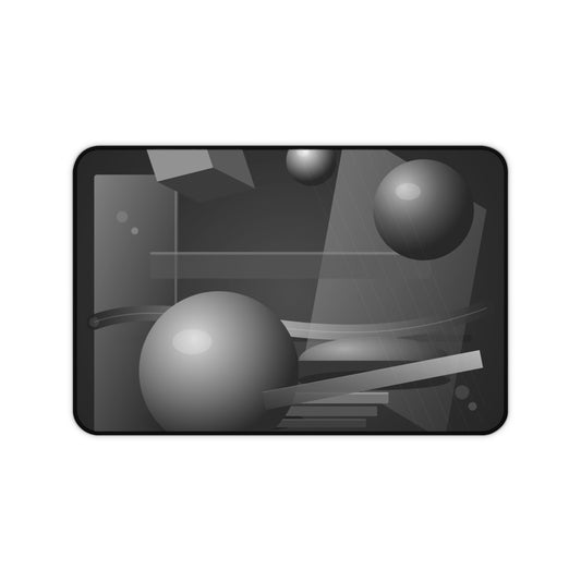 Abstract grey geometric spheres desk mat with monochrome shapes, ideal as a stylish mouse pad for workspace decor.