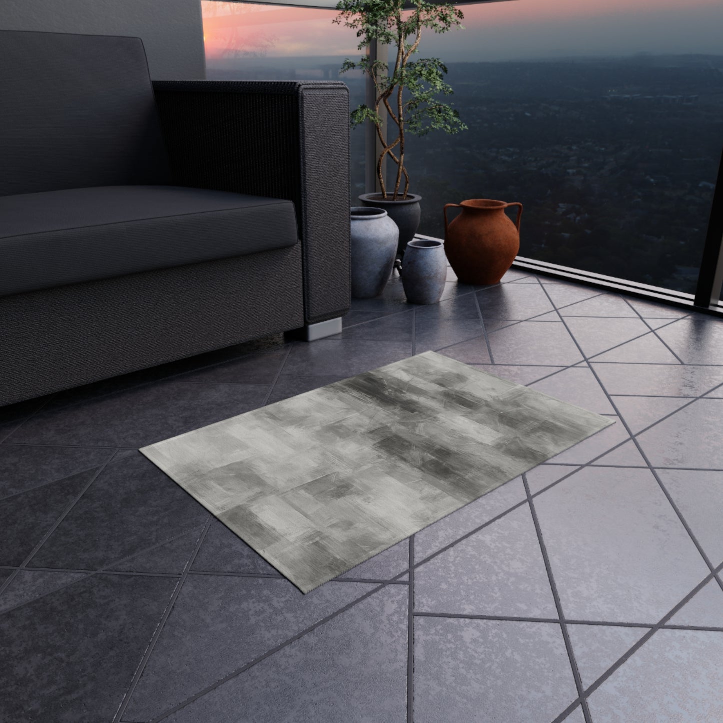 Gray outdoor waterproof rug from Printify, modern patio and deck blanket with durable, weather-resistant fabric.