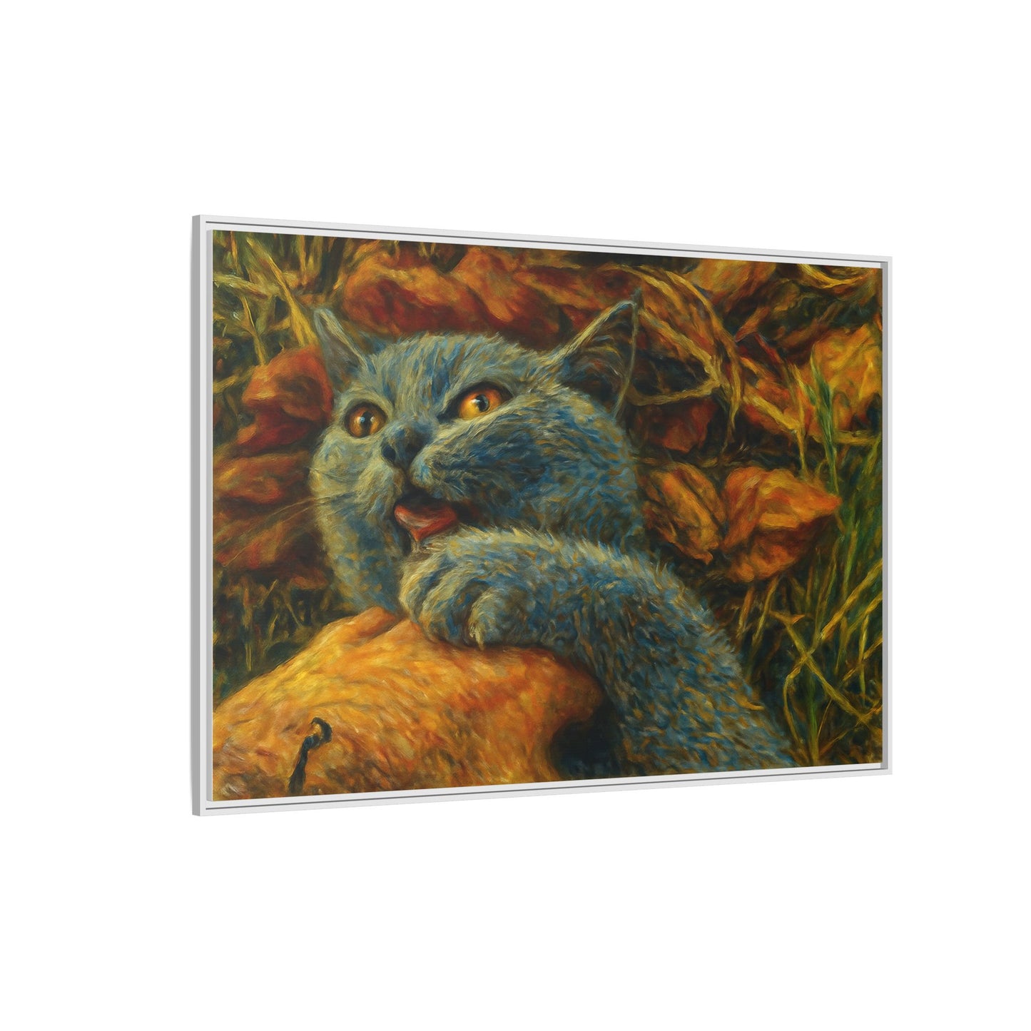 Blue cat canvas print wall art by Printify featuring a whimsical design, perfect for cat lovers' home decor.