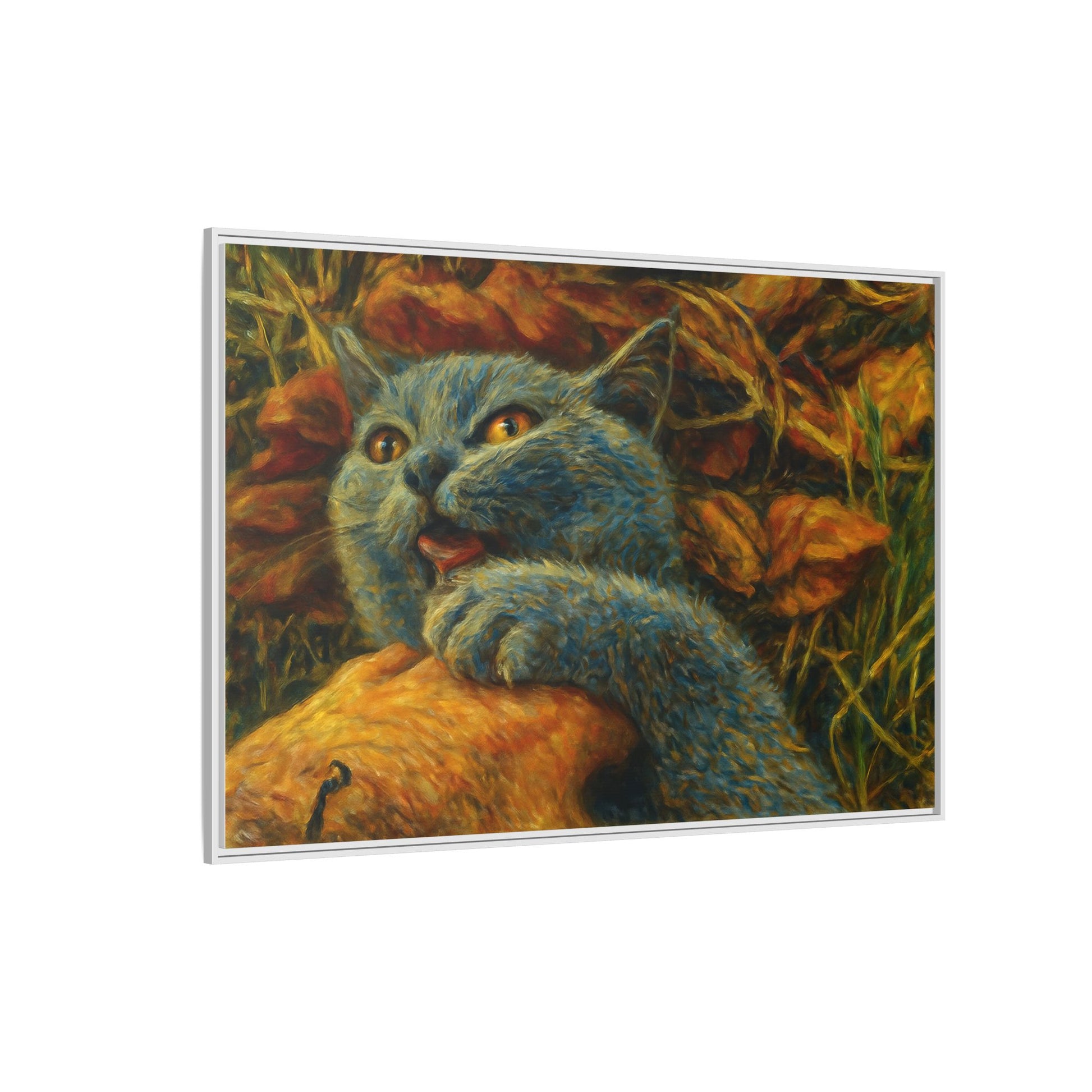 Blue cat canvas print wall art by Printify featuring a whimsical design, perfect for cat lovers' home decor.