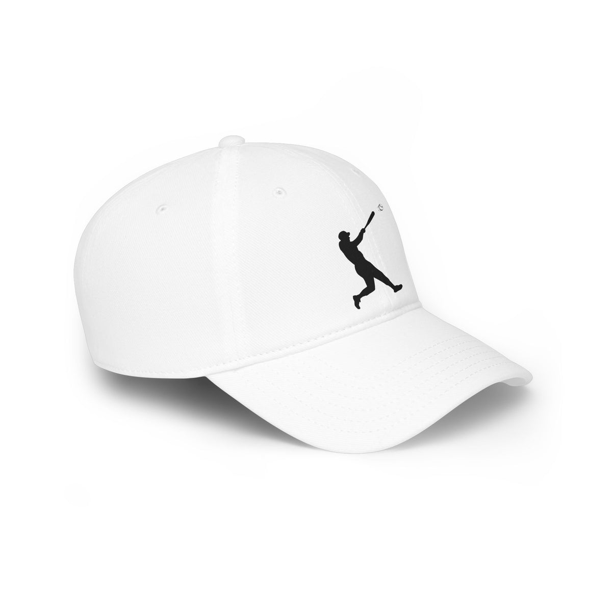 Black silhouette batter baseball cap by Printify, casual hat with curved brim and adjustable strap, front design featuring batter graphic.