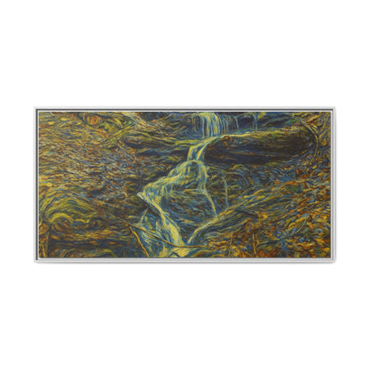 Framed matte canvas wall art featuring a serene autumn forest scene with a waterfall, by Printify.