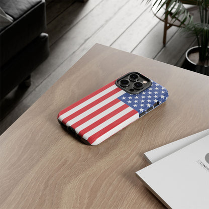 Durable American flag phone case for iPhone, patriotic design, protective tough cover by Printify with bold flag pattern.