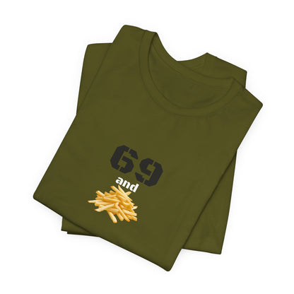 Unisex graphic T-shirt featuring a playful 69 and French fries design in black and white, casual style by Printify.