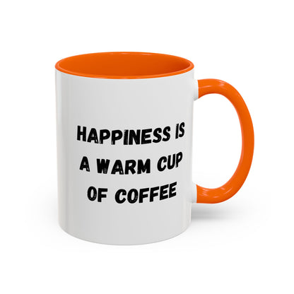 Ceramic coffee mug with the phrase “Happiness Is A Warm Cup Of Coffee” printed on white ceramic, perfect for hot beverages.