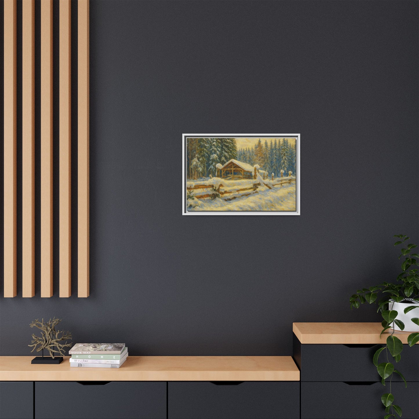 Snowy cabin matte canvas framed wall art featuring a winter landscape painting by Printify