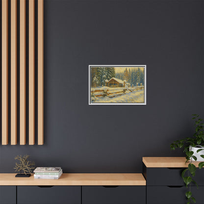 Snowy cabin matte canvas framed wall art featuring a winter landscape painting by Printify