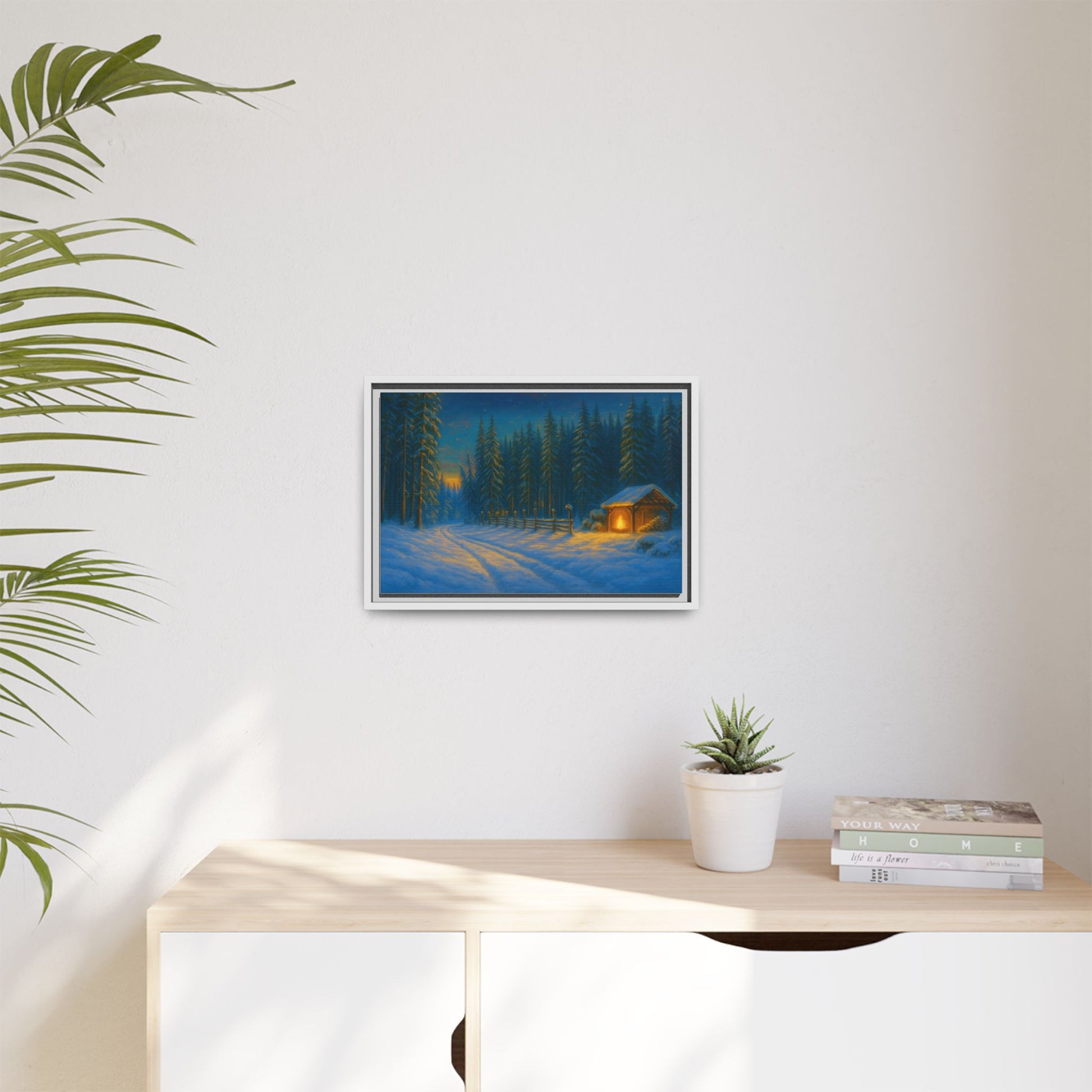 Cozy winter cabin canvas wall art by Printify featuring a snowy forest scene in a matte framed print.