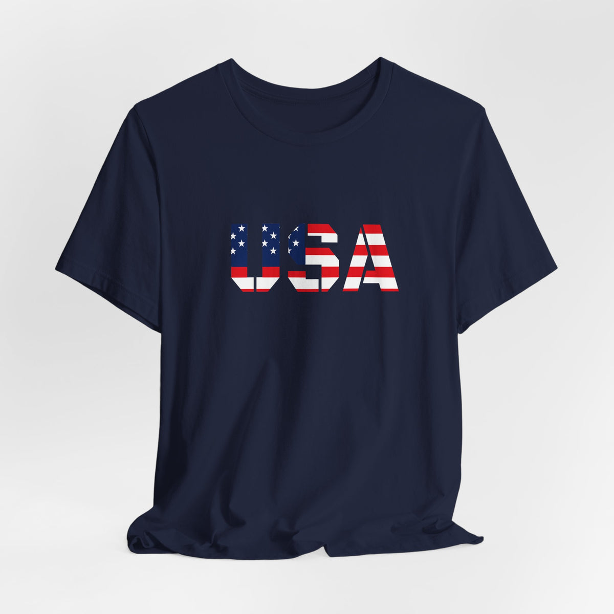 USA Flag Text T-shirt by Printify featuring patriotic design, perfect for Fourth of July celebrations.