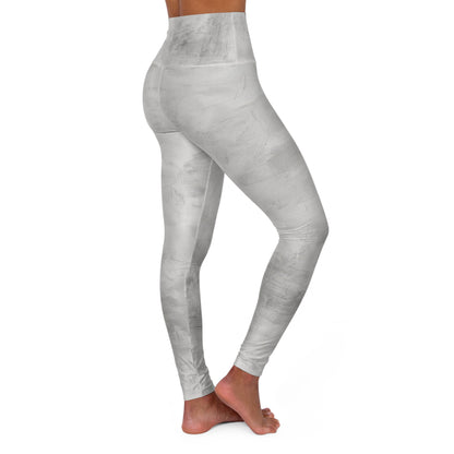 Gray tie-dye high-waisted yoga leggings with all-over print, designed for comfortable everyday fitness wear by Printify.