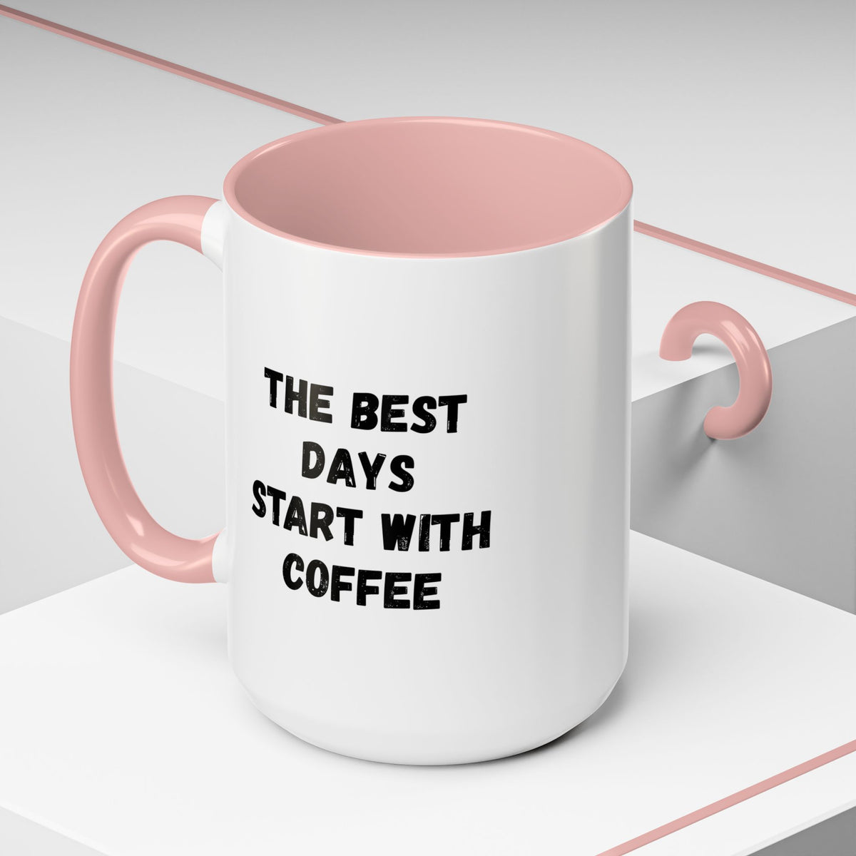Ceramic coffee mug with "The Best Days Start With Coffee" print, 11oz, black handle and interior, from Printify.