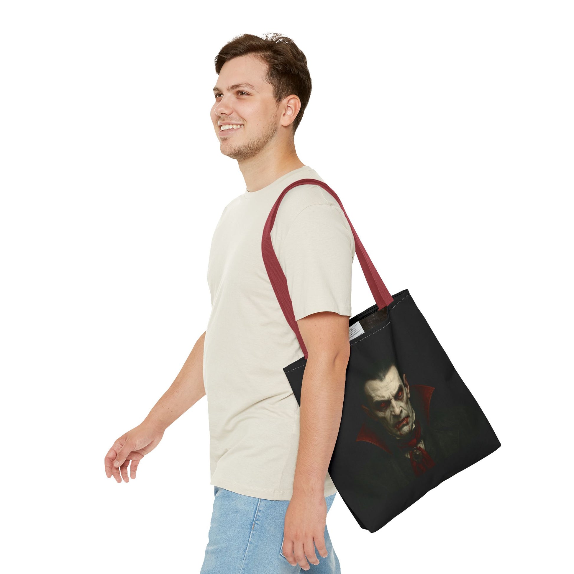 Black vampire tote bag with spooky gothic Halloween design, featuring a bat and moon print, made by Printify.