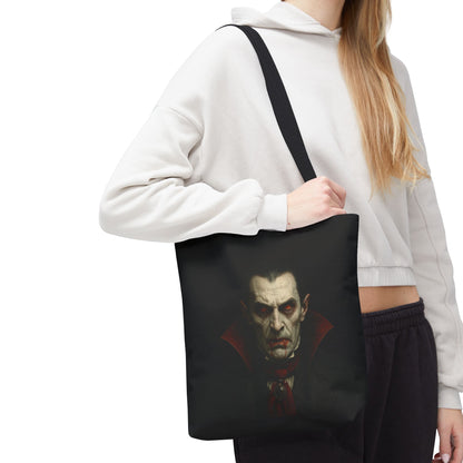 Black vampire tote bag with gothic spooky design, perfect for Halloween accessories, made by Printify.