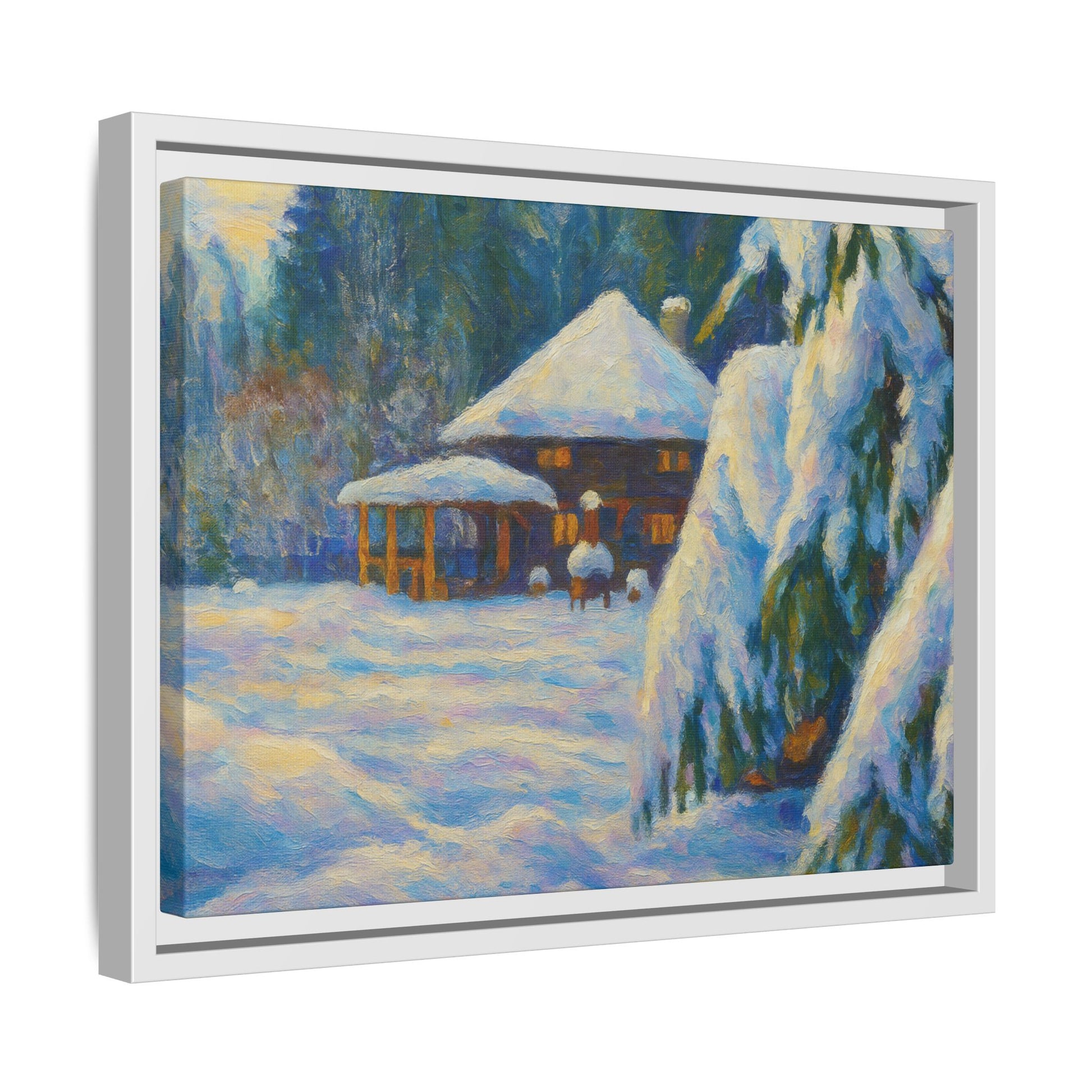 Framed matte canvas print of a snowy cabin winter landscape wall art by Printify, showcasing a cozy cabin in a snowy forest scene.