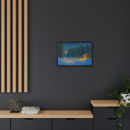 Matte framed canvas wall art of a cozy winter cabin in a snowy forest at evening, by Printify.