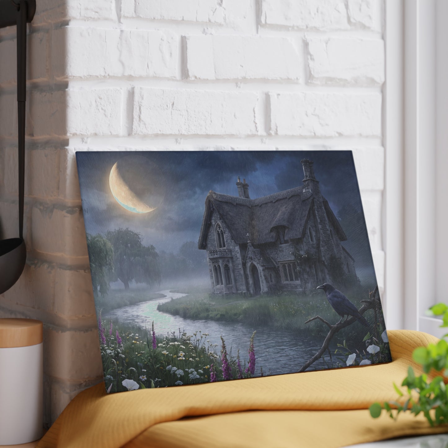 Moonlit Cottage river scene Glass Cutting Board | mystical night landscape