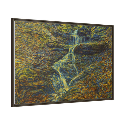 Framed matte canvas wall art of an autumn forest with a waterfall, showcasing vibrant fall colors and natural scenery.