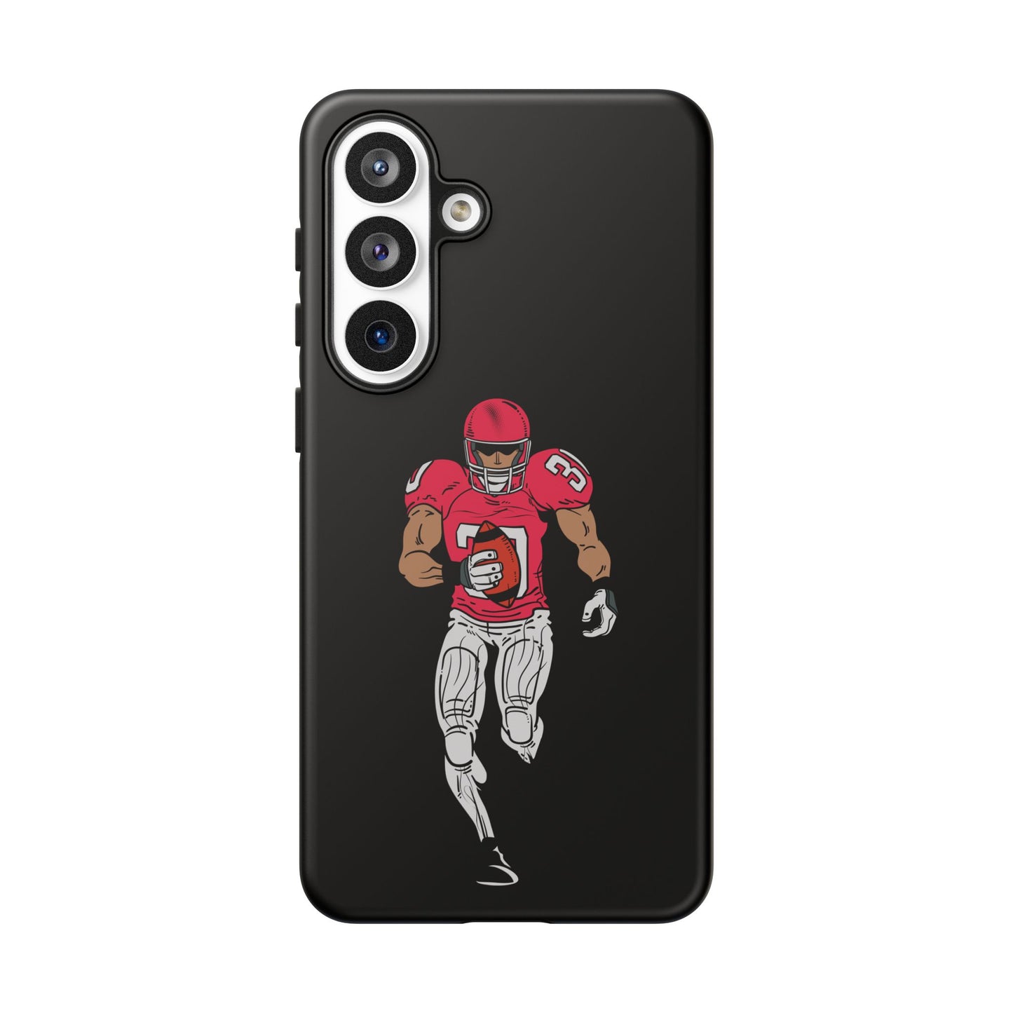 Black protective football player sports phone case for iPhone by Printify, featuring a dynamic football player design.