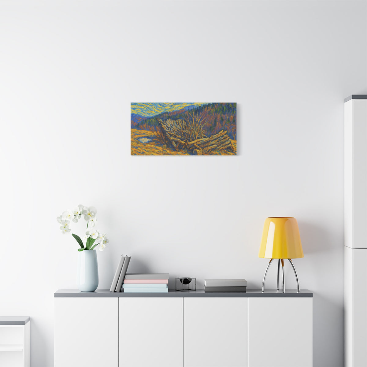 Impressionist Starry Landscape canvas print by Printify showing a vibrant night sky with stars and a serene landscape scene.