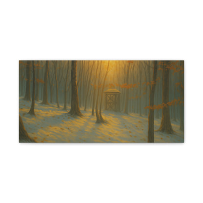 Matte stretched canvas print of a Misty Forest Sunrise landscape, featuring soft colors and detailed nature scene by Printify