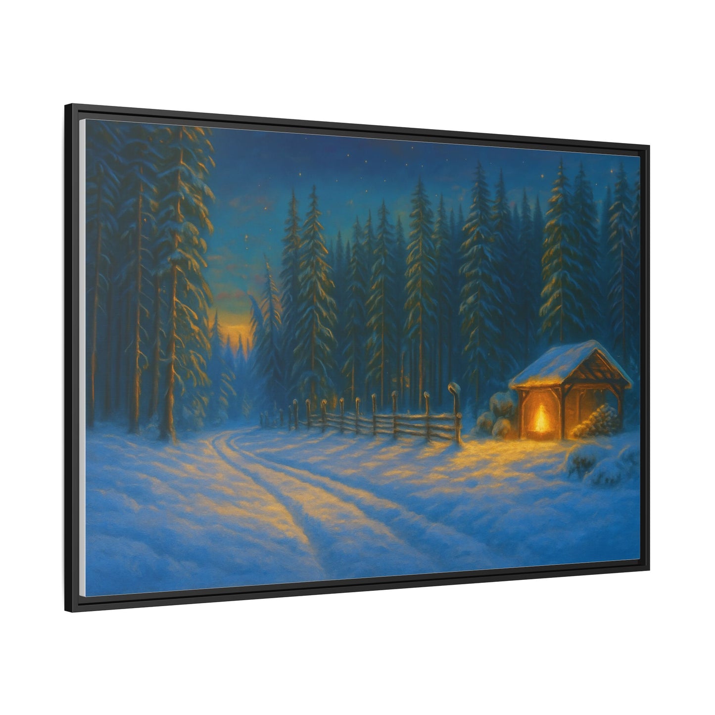 Cozy winter cabin canvas wall art by Printify featuring a snowy forest scene at evening, matte framed, ideal for winter decor.