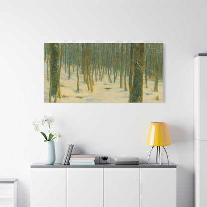 Snowy winter forest canvas print by Printify, featuring a stretched matte canvas with a snowy woodland scene.