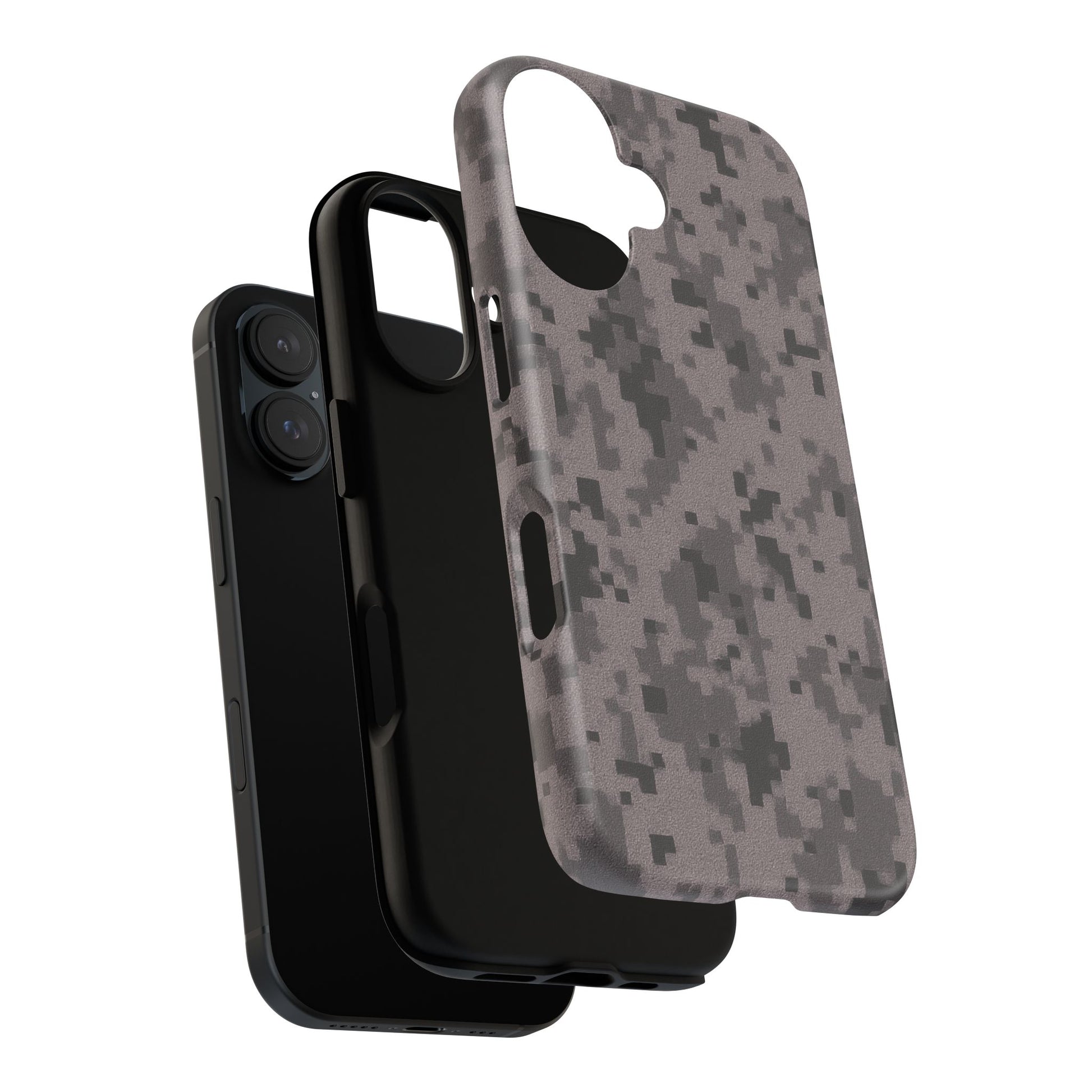 Gray digital camouflage phone case by Printify, tough protective cover for smartphones with a rugged camo design.