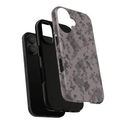 Gray digital camouflage phone case by Printify, tough protective cover for smartphones with a rugged camo design.