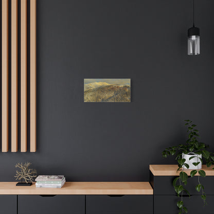 Winter mountain landscape matte canvas print by Printify, stretched 1.25 inches, featuring a scenic snowy mountain scene.