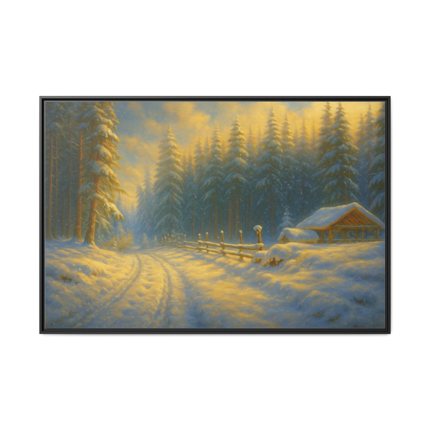 Framed winter cabin canvas print featuring a snowy forest sunset, wall art by Printify showcasing cozy mountain scenery.