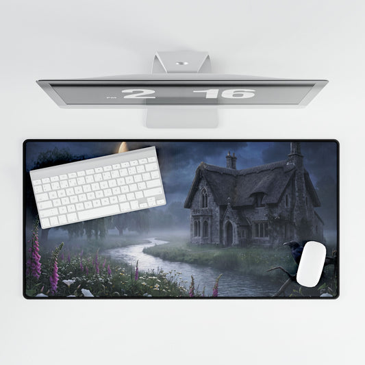 Moonlit cottage desk mat featuring night cottage artwork with river and raven, ideal for home or office decor.