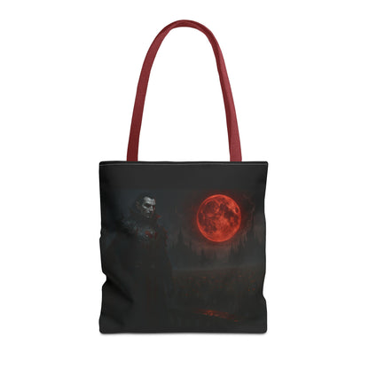 Gothic Dracula tote bag with moonlit vampire art, stylish Halloween gift, made by Printify, showcasing detailed vampire design.