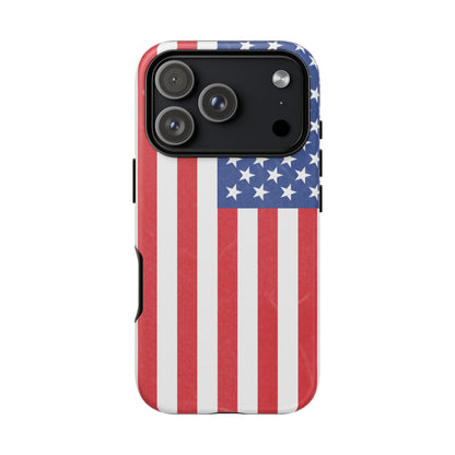 Durable American flag phone case for iPhone by Printify, featuring a patriotic design with bold red, white, and blue colors.