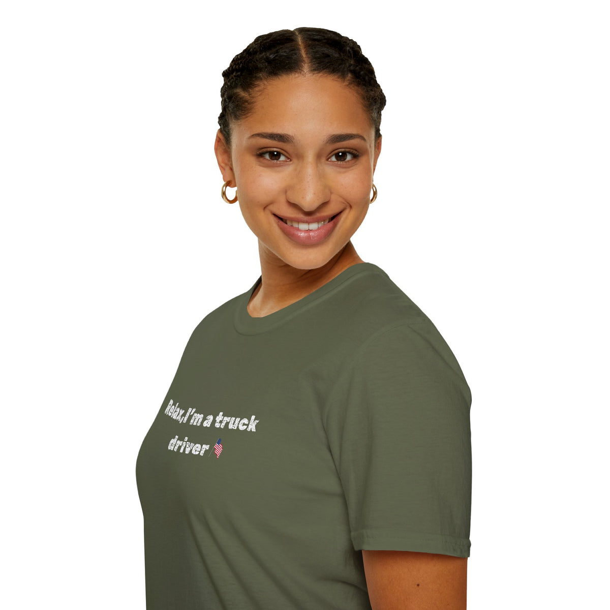 Funny pink heart truck driver T-shirt by Printify featuring a humorous "Relax, I'm a Truck Driver" design on a casual tee.